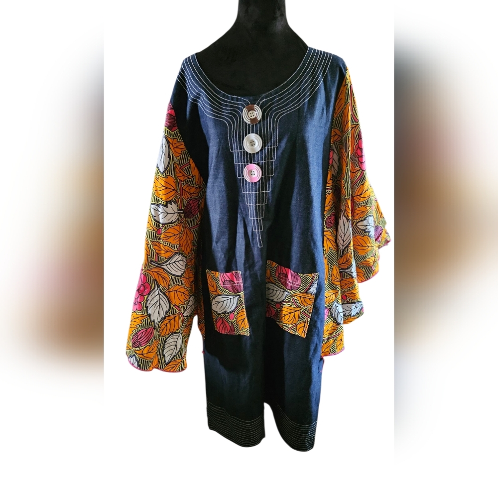 African Denim Dress Butterfly Sleeve Size Medium